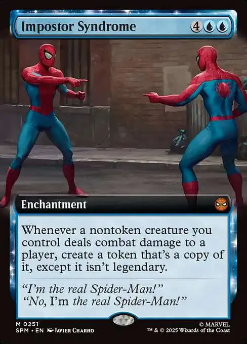spider man mtg art cards Magic The Gathering Marvel Spider-Man Single Card Mythic Rare Impostor Syndrome 251 Extended FOIL %20Can%20he%20save%20the%20city%20and%20still%20make%20it%20to%20date%20night%20with%20MJ%3FContents%3A%26bull%3B%203%20Marvels%20Spider Magic: The Gathering Spider-Man Set