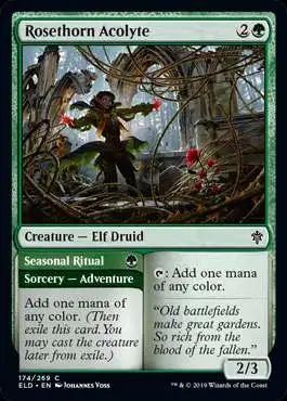 MtG Trading Card Game Throne of Eldraine Common Rosethorn Acolyte // Seasonal Ritual #174