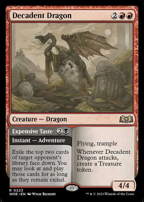 MtG Wilds of Eldraine Rare FOIL Decadent Dragon // Expensive Taste #223