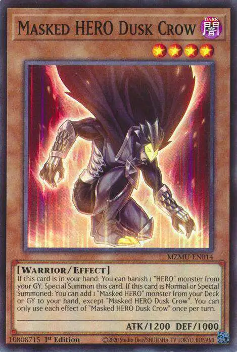 YuGiOh Trading Card Game Maze of Muertos Super Rare Masked HERO Dusk Crow MZMU-EN014