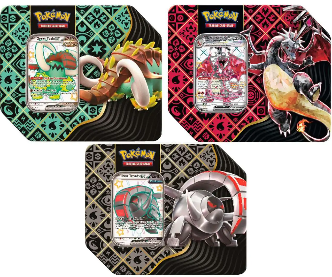 Pokemon Scarlet & Violet Paldean Fates Charizard, Great Tusk & Iron Treads ex Set of 3 Tin Sets [5 Booster Packs & Promo Card Per Tin]