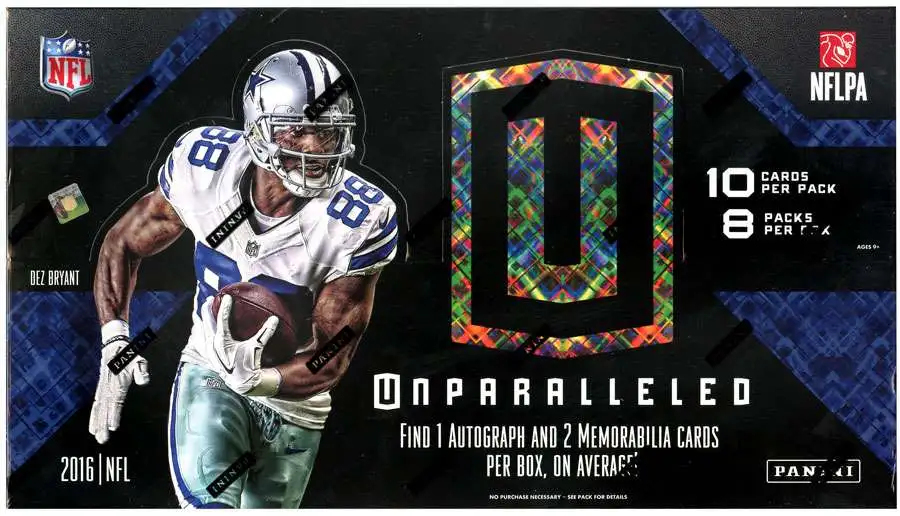 NFL Panini 2016 Unparalleled Football Trading Card HOBBY Box [8 Packs, 1 Autograph & 2 Memorabilia Cards]