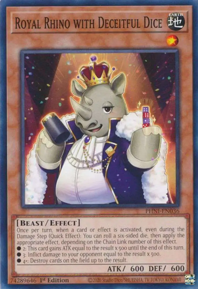 YuGiOh Trading Card Game Phantom Nightmare Common Royal Rhino with  Deceitful Dice PHNI-EN036