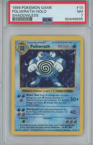 Pokemon Base Set Poliwrath Rare Holo Graded Card #13 [Shadowless Moderately Played] [PSA 7]