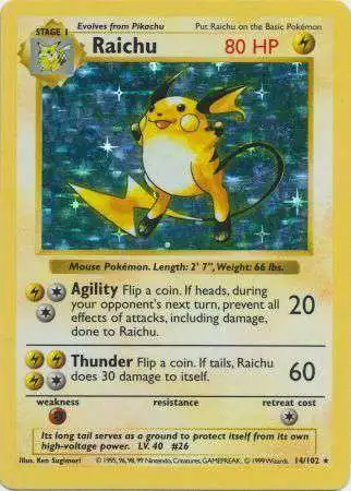 Pokemon Base Set Holo Rare Raichu #14 [Shadowless, Lightly Played] [Lightly Played]