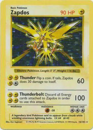 Pokemon Base Set Rare Holo Zapdos #16 [Shadowless Heavily Played]