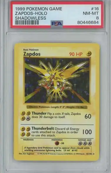 Pokemon Base Set Zapdos Holo Rare Graded Card #16 [Shadowless] [PSA 8]