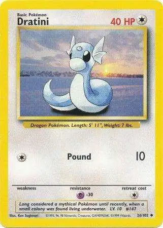 Pokemon Base Set Single Card Uncommon Dratini 26 Heavily Played - ToyWiz Pokemon Base Set Single Card Uncommon Dratini 26 Heavily Played - ToyWiz