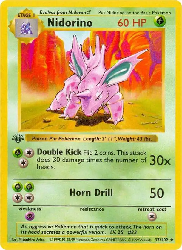 Pokemon Base Set Uncommon Nidorino #37 [1st Edition] [Lightly Played]