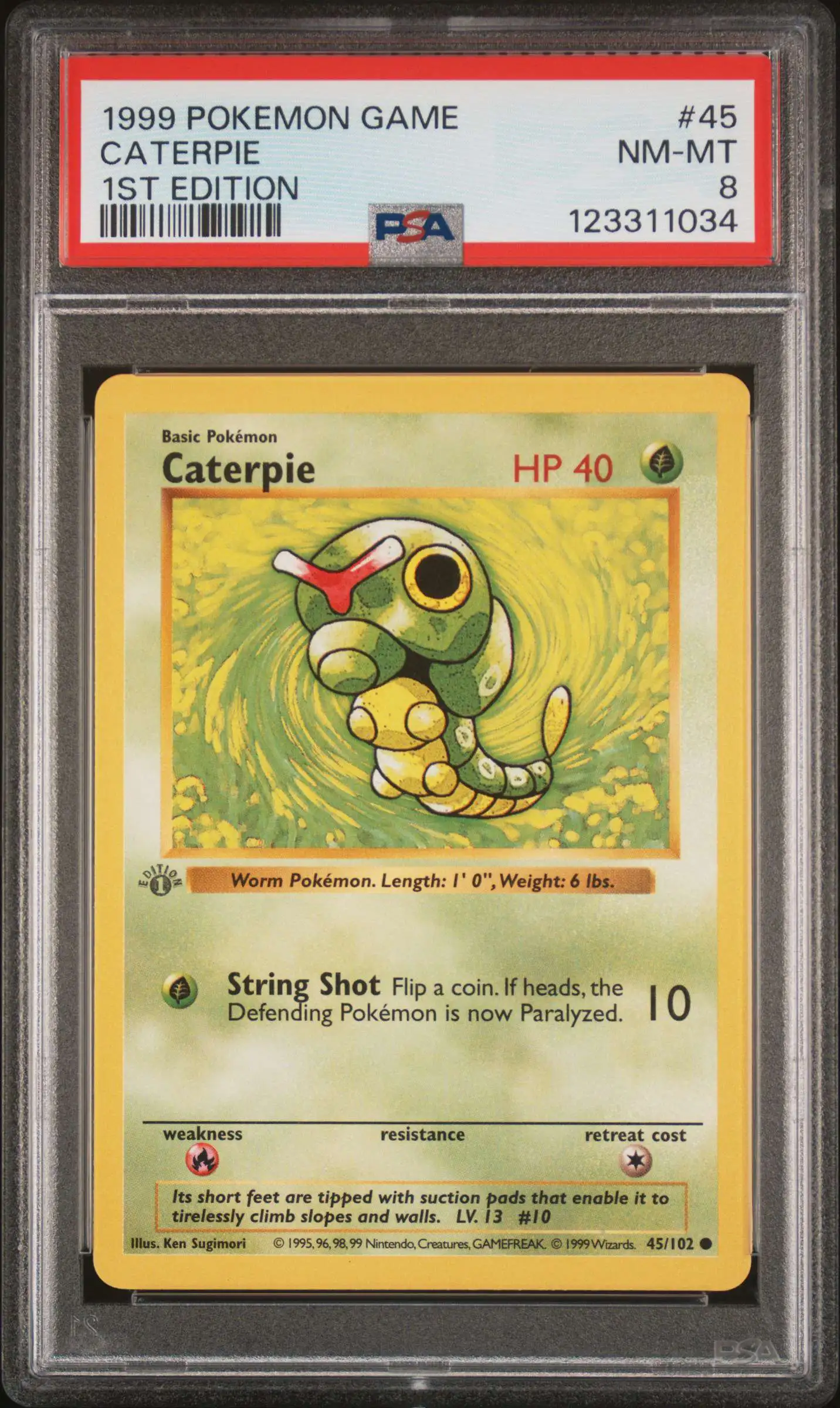 Pokemon Base Set Single Card Common Caterpie 45 Shadowless PSA 8