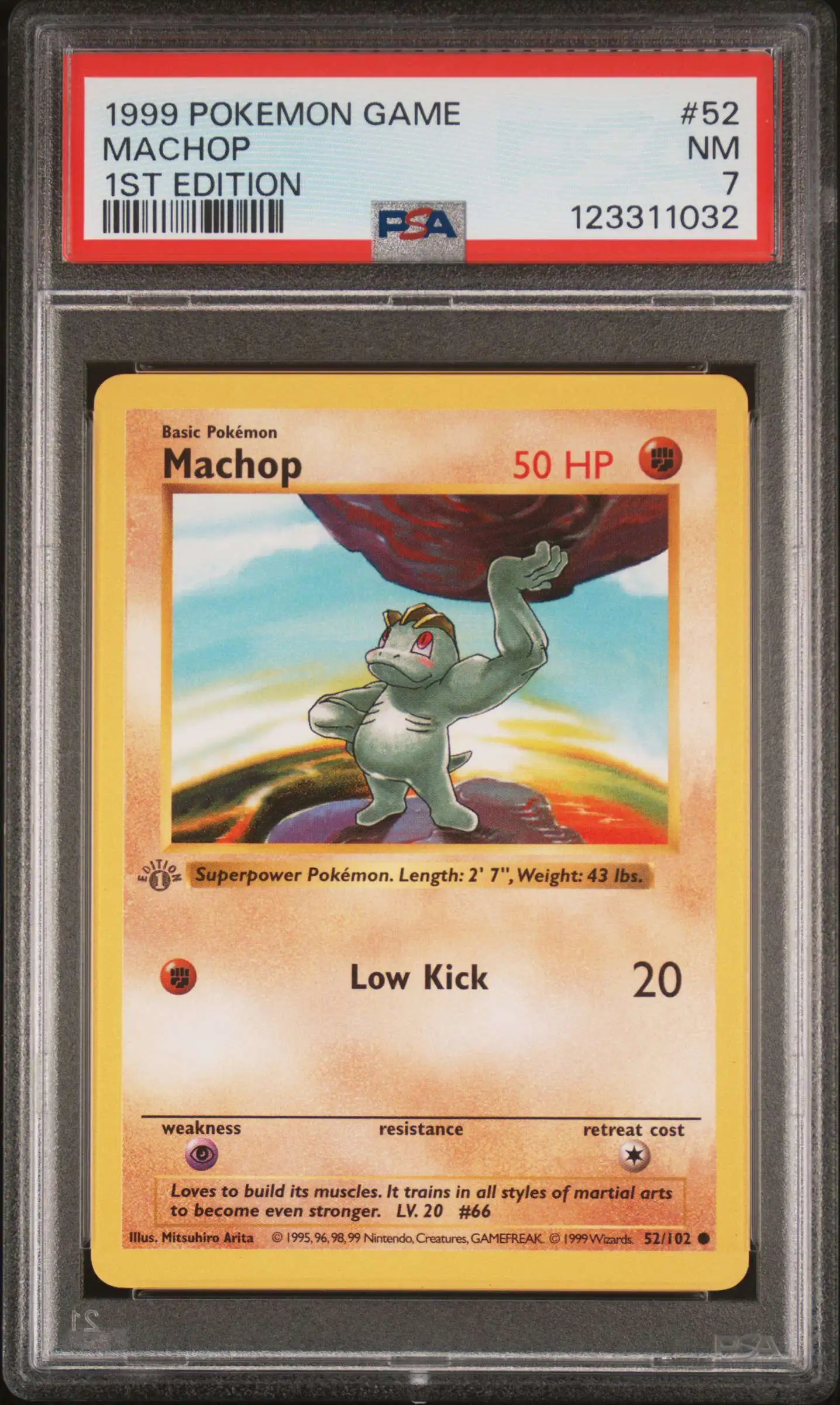 Pokemon Base Set Common Machop #52 [Shadowless 1st Edition Grey Stamp] [PSA 7]