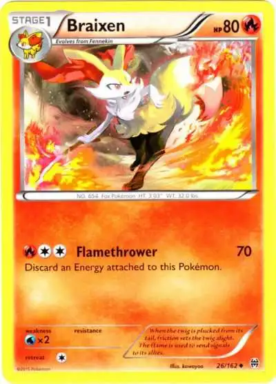 Uncommon Pokemon Card Braixen 26/162 - NM 2015 BREAKthrough Set 