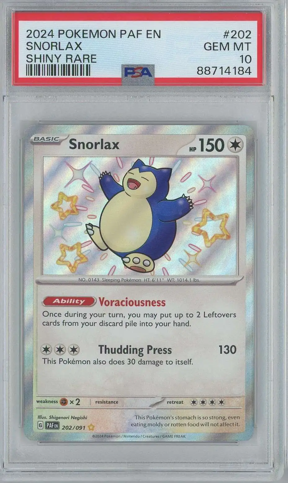 Pokemon Trading Card Game Paldean Fates Baby Shiny Snorlax #202 [PSA Gem Mint 10]