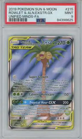 Pokemon Trading Card Game Sun & Moon Unified Minds Rowlet & Alolan Exeggutor GX Ultra Rare Graded Card #215 [PSA 9]
