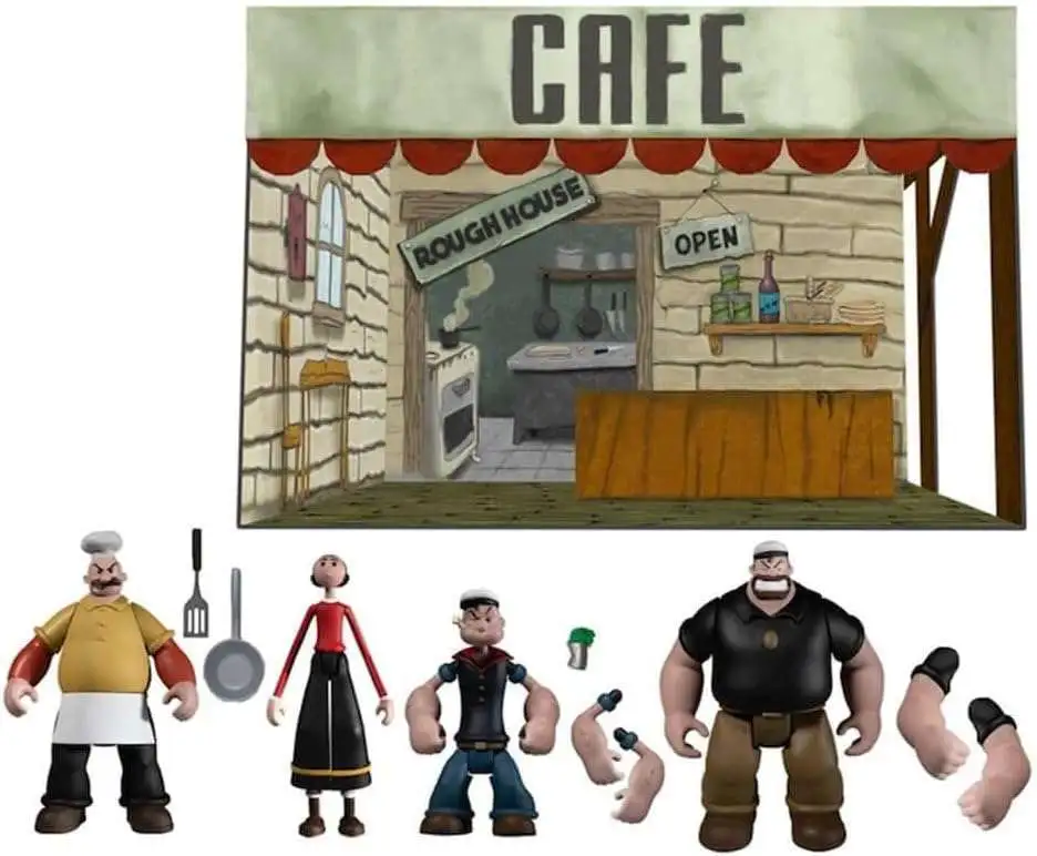 Popeye the Sailor Man 5 Points Popeye, Olive Oyl, Bluto, Rough House & Cafe  Playset Deluxe Action Figure Boxed Set