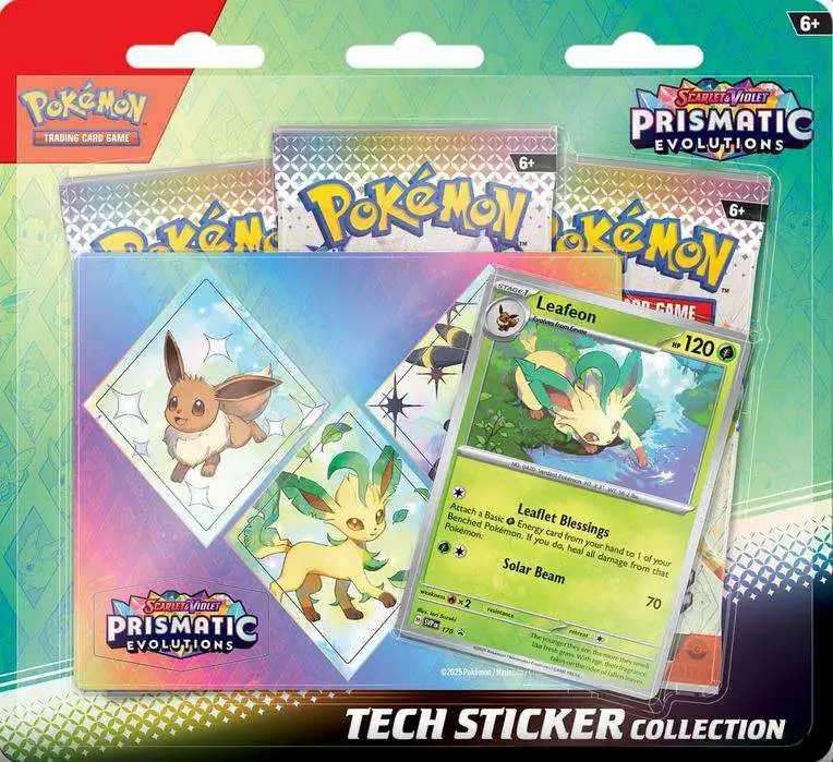 Pokemon Scarlet & Violet Prismatic Evolutions Leafeon Tech Sticker Collection [3 Booster Packs, Shiny Promo Card & Sticker]