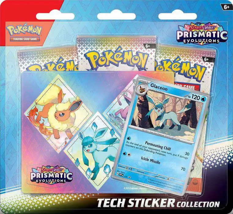 Pokemon Scarlet & Violet Prismatic Evolutions Glaceon Tech Sticker Collection [3 Booster Packs, Shiny Promo Card & Sticker]