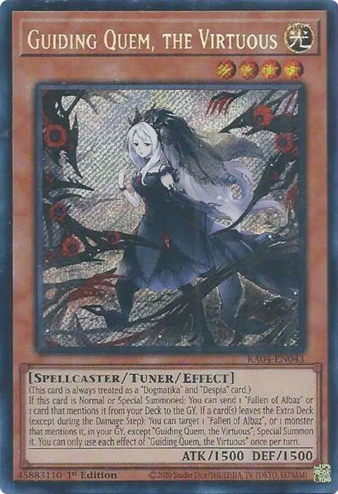 YuGiOh Trading Card Game Quarter Century Stampede Secret Rare Guiding Quem, the Virtuous RA04-EN043