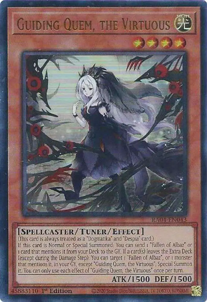 YuGiOh Trading Card Game Quarter Century Stampede Ultra Rare Guiding Quem, the Virtuous RA04-EN043