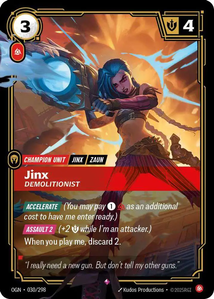 Riftbound League of Legends Trading Card Game Origins Single Card Rare Jinx - Demolitionist 030 - ToyWiz Riftbound League of Legends Trading Card Game Origins Single Card Rare Jinx - Demolitionist 030 - ToyWiz