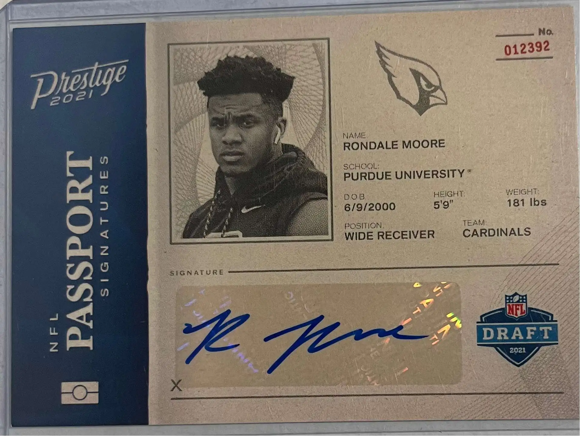 NFL 2021 Prestige Football Rondale Moore Passport Autographed Single Card PA-RM [Rookie]