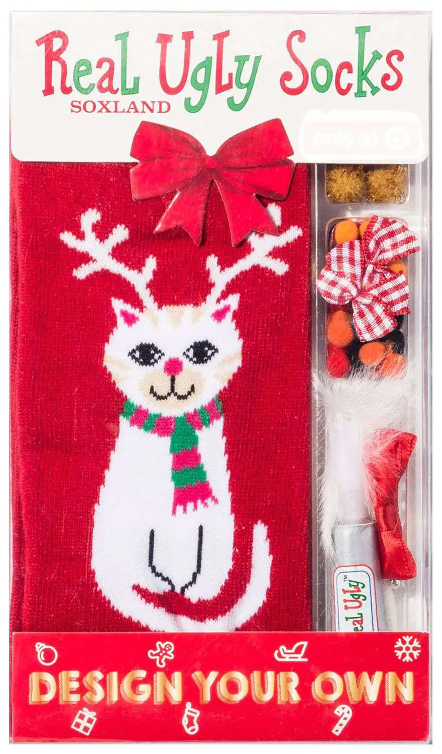 Real Ugly Socks Cat Reindeer Design Your Own Ugly Exclusive Socks [Ladies 9- 11 / Mens 10-13]