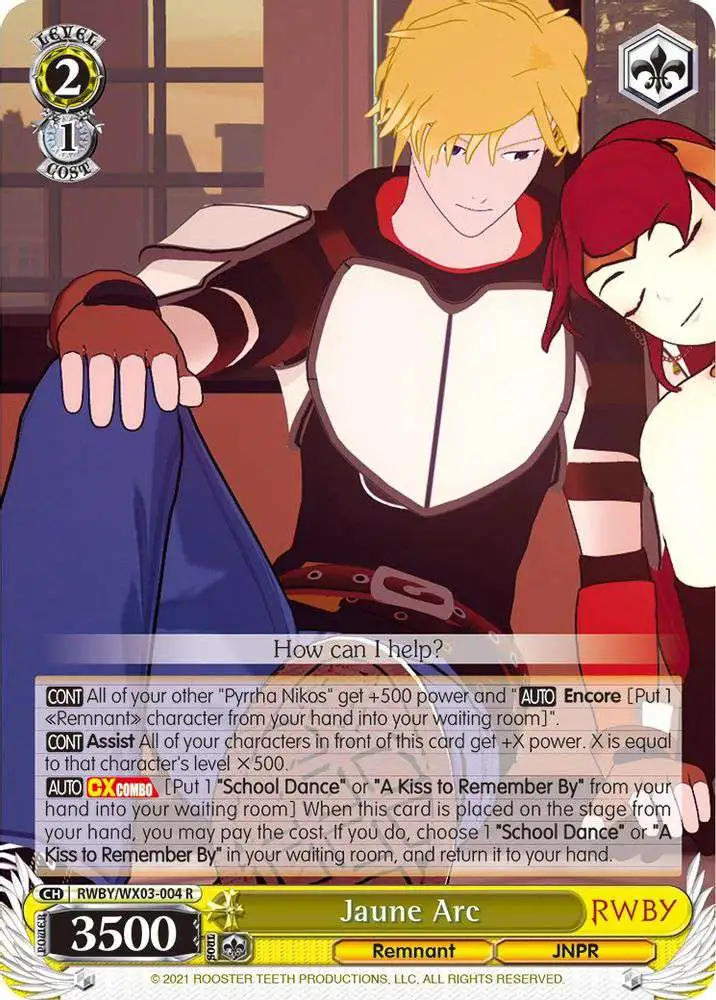 Weiss Schwarz Trading Card Game RWBY Rare Jaune Arc RWBY/WX03-004