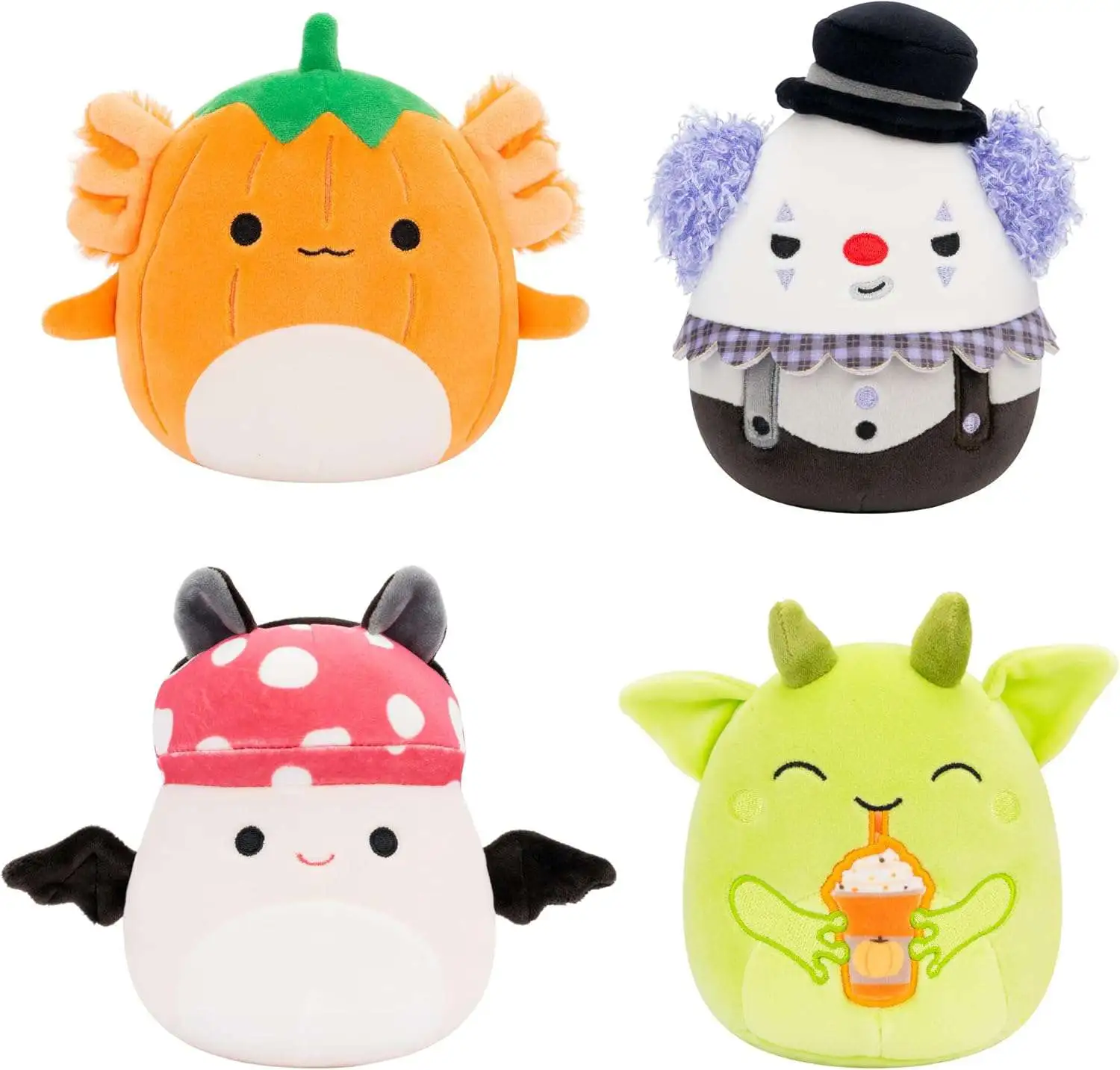 Squishmallows 2024 Halloween Gabin Pumpkin Axolotl, Fitzy Goblin Holding Latte, Malcolm Bat Mushroom, Ms. K Purple Clown 5-Inch Plush 4-Pack