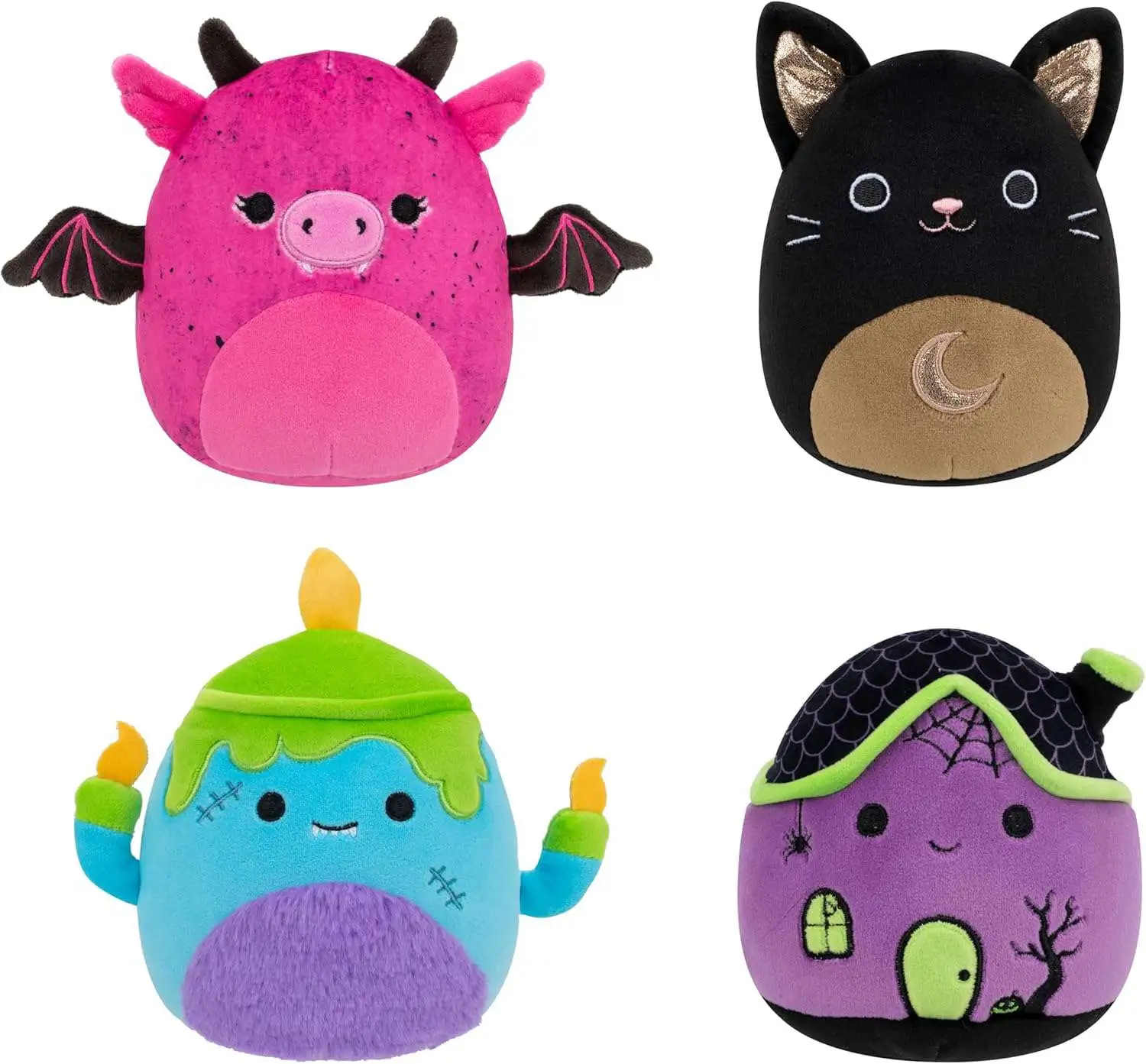 Squishmallows 2025 Halloween Bianca the Pink Gargoyle, Valentino the Blue Monster Candelabra, Monk the Black Cat & Yvonne the Purple Haunted House 5-Inch Plush 4-Pack