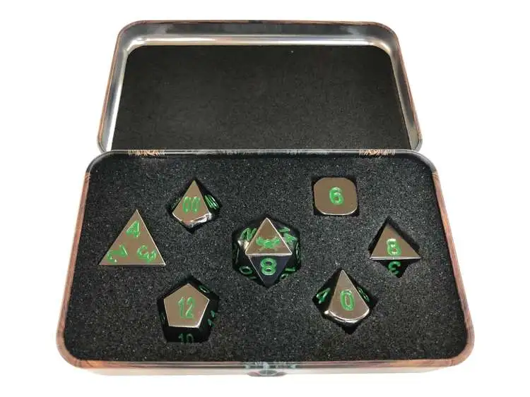 Skullsplitter Metal Black Dragon Shiny Black Nickel with Green Numbers Polyhedral 7-Die Dice Set [Warlock Tome Case]