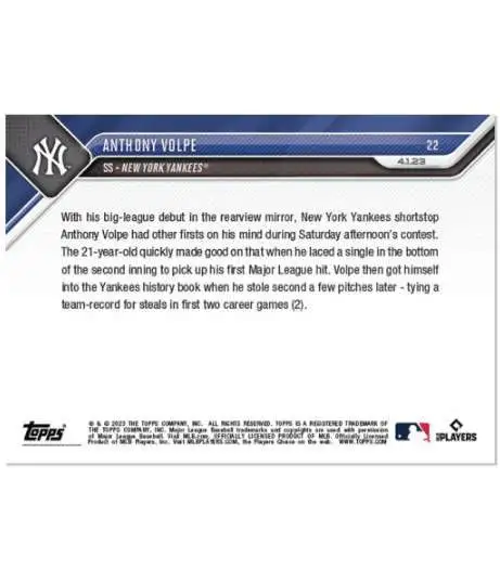  2023 Topps Now Baseball #22 Anthony Volpe New York Yankees RC  Rookie 1st Hit Official MLB Trading Card ONLINE EXCLUSIVE LIMITED PRINT RUN  : Toys & Games