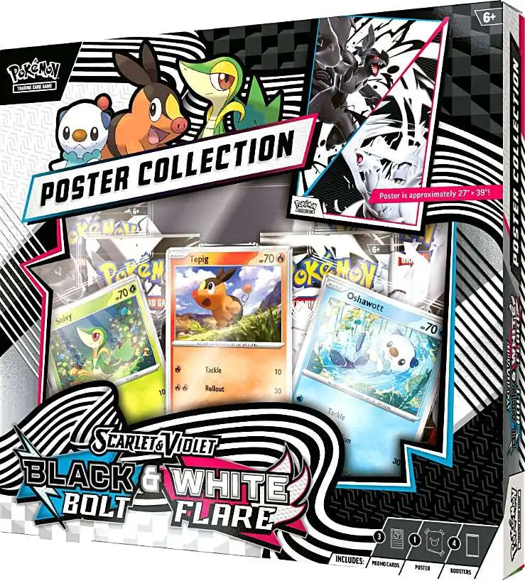 Pokemon Scarlet & Violet Black Bolt & White Flare Unova Poster Collection [4 Booster Packs, Snivy, Tepig & Oshawott, Promo Cards & More]