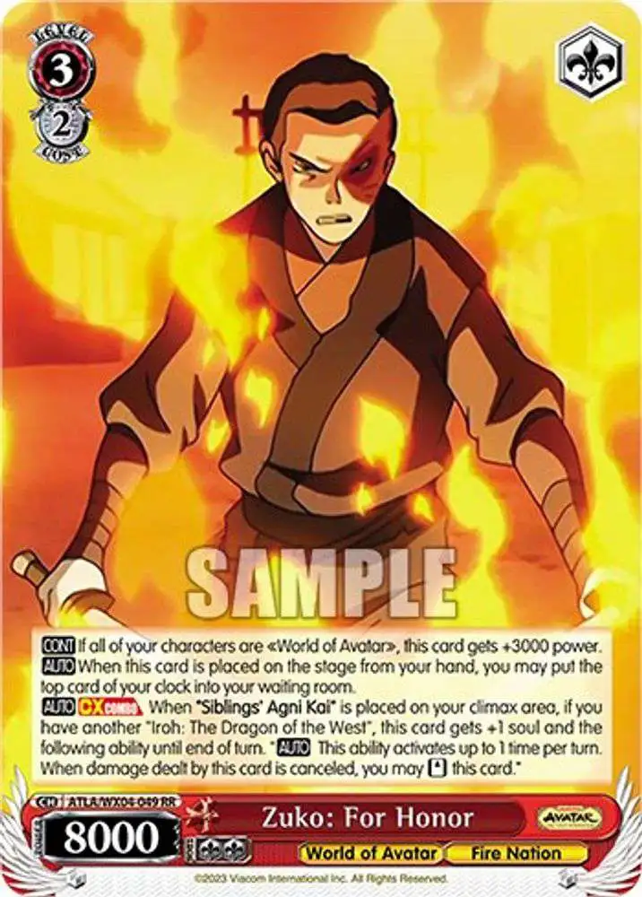 Weiss Schwarz Trading Card Game Avatar: The Last Airbender Double Rare RR Zuko: For Honor ATLA/WX04-049