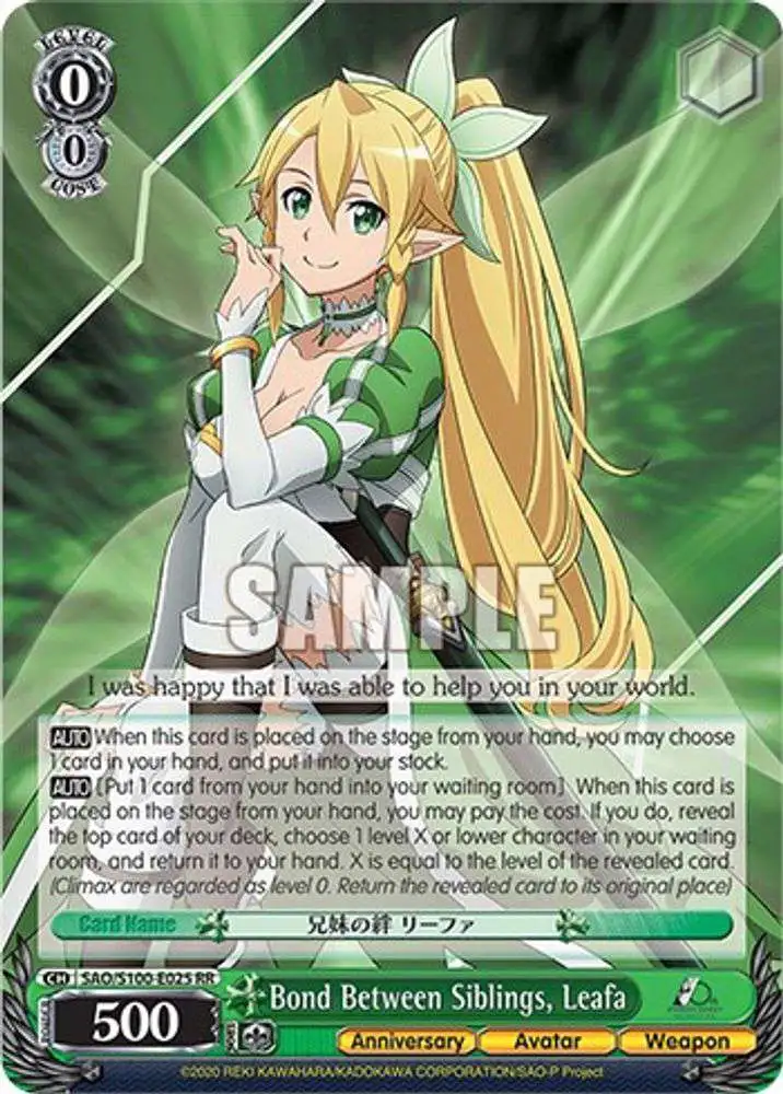 Weiss Schwarz Trading Card Game Sword Art Online 10th Anniversary Double Rare RR Bond Between Siblings, Leafa SAO/S100-E025