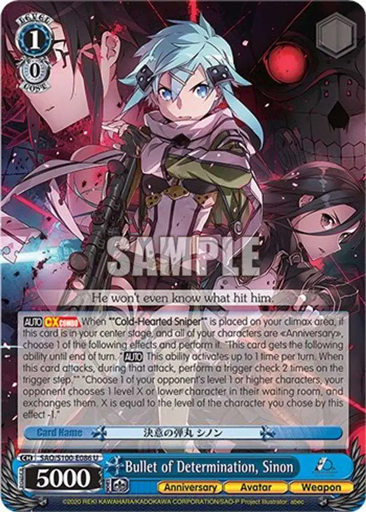 Weiss Schwarz Trading Card Game Sword Art Online Animation 10th Anniversary Uncommon Bullet of Determination, Sinon SAO/S100-E086