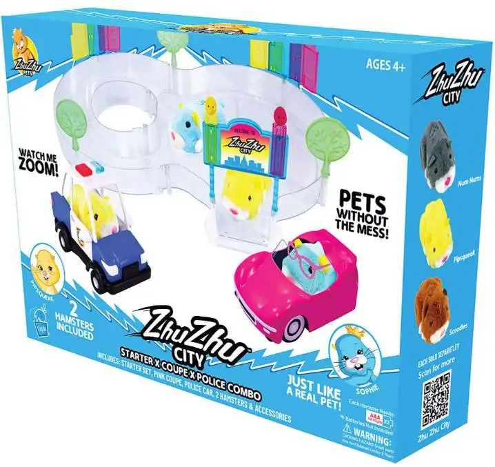Zhu Zhu City Starter Set, Pink Coupe & Police Car Exclusive Downtown BUNDLE Set [Includes Sophie & Pipsqueak Hamsters with Accessories]