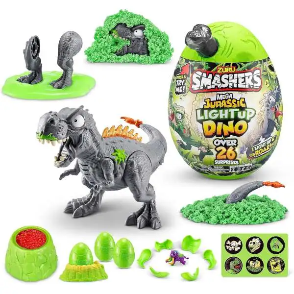 Smashers Jurassic Light Up Dino T-Rex MEGA Mystery Egg [GREY, Over 26 Surprises!]