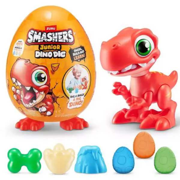 Smashers Junior Dino Dig T-Rex SMALL Mystery Egg [RED Dinosaur, 12 Surprises]