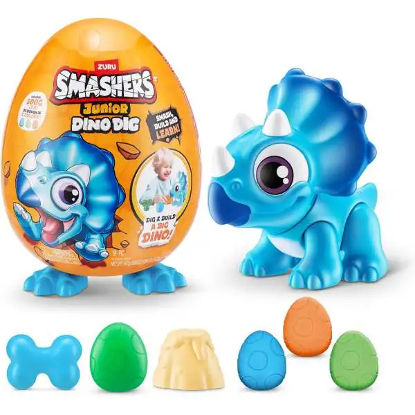 Smashers Junior Dino Dig Triceratops SMALL Mystery Egg [BLUE Dinosaur, 12 Surprises]