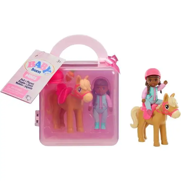 Baby Born Minis Deep Skin Tone Doll with Brown Eyes, Horse with Helmet & Carrot Accessory Mini Doll & Playset