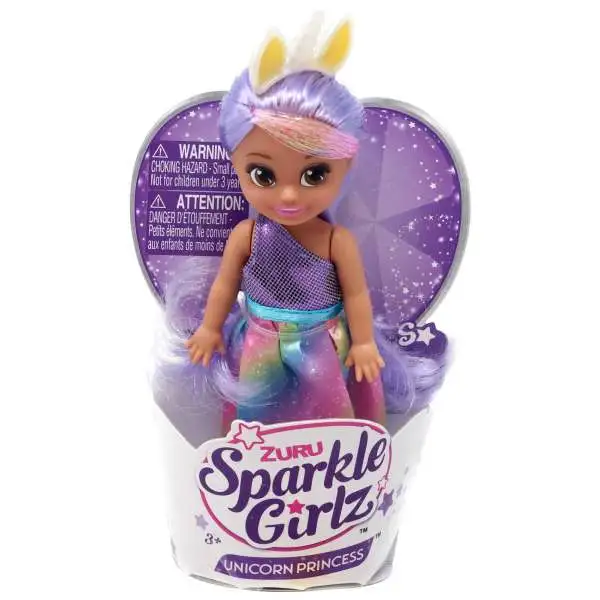 Sparkle Girlz Unicorn Princess Cupcake Purple Hair with Rainbow Dress Mini Doll