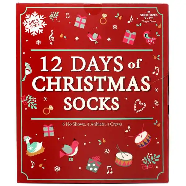 12 Days of Socks Girls 12 Days of Christmas Socks 12-Pack [Shoe Sizes 9 - 2.5, Damaged Package]
