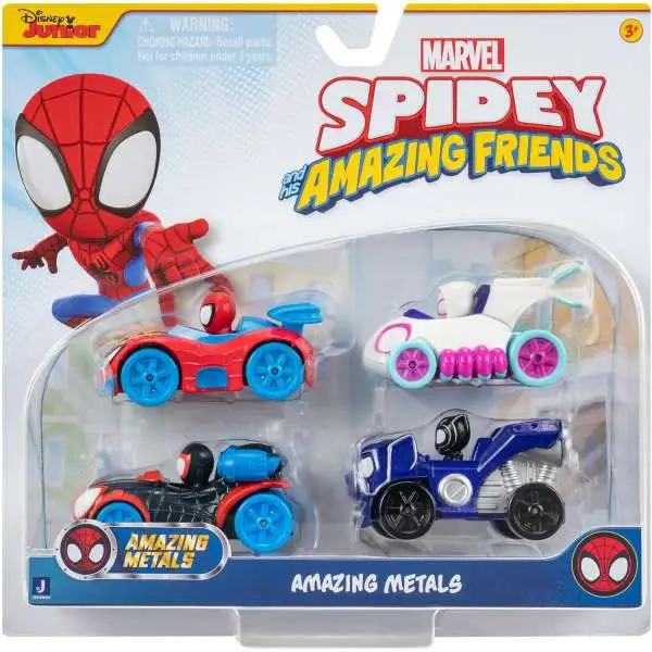 Marvel Spidey & His Amazing Friends Amazing Metals Spidey, Ghost-Spider, Black Panther & Miles Morales Diecast Vehicle 4-Pack