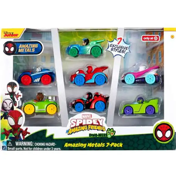 Marvel Spidey & His Amazing Friends Amazing Metals Spidey, Ghost-Spider, Spin, Reptil, Green Goblin, Doc Ock & Ant-Man Exclusive 6-Inch Diecast Vehicle 7-Pack