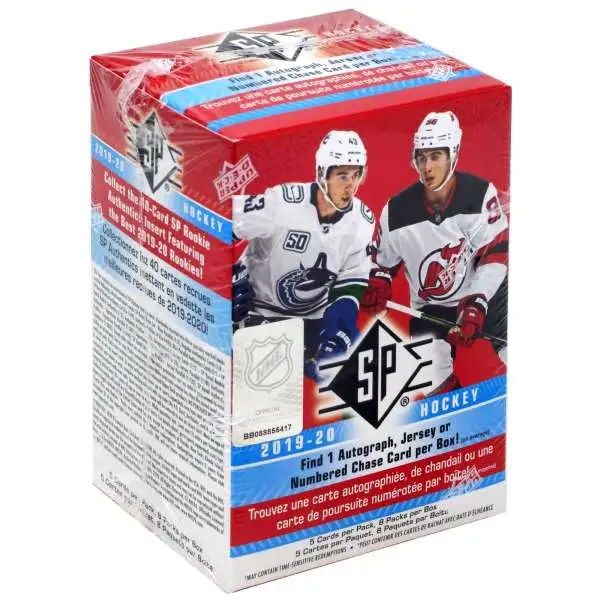 NHL Upper Deck 2019-20 SP Hockey Trading Card BLASTER Box [8 Packs, 1 Autograph OR Jersey OR Numbered Chase Card]