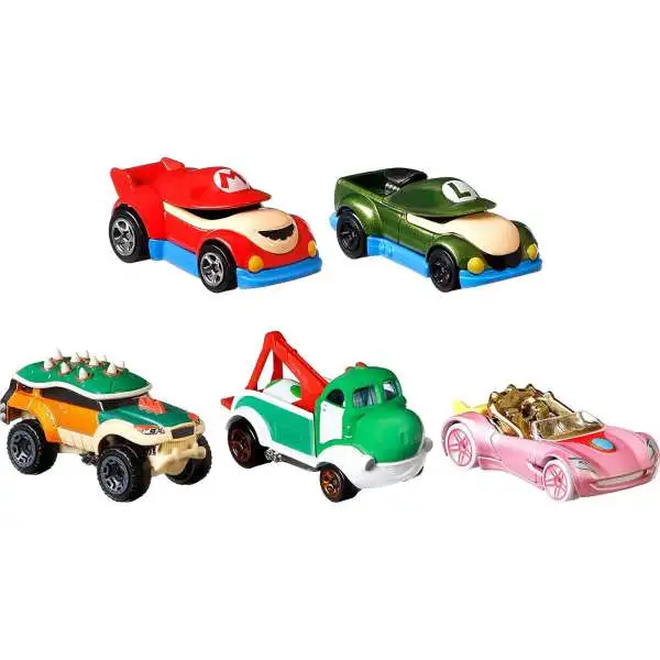 Hot Wheels Super Mario Character Cars Mario, Luigi, Princess Peach, Yoshi & Bowser Diecast Car 5-Pack