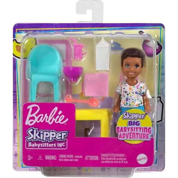 Barbie Skipper Big Babysitting Adventure Toddler Doll Set with Table, Chair and 5 Themed Pieces Mini Doll Playset
