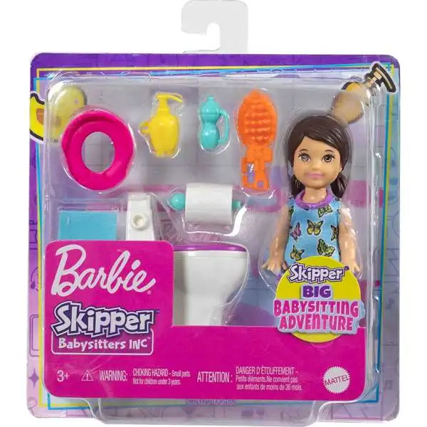 Barbie Skipper Big Babysitting Adventure Toddler Doll Set with Toilet and 5 Themed Pieces Mini Doll Playset