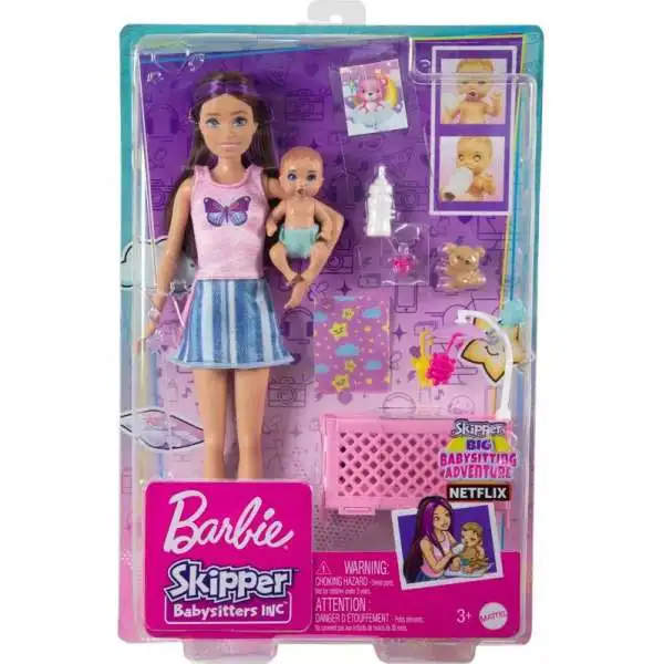 Skipper Babysitters Inc Barbie & Baby 10.5-Inch Doll & Playset [with Crib, Butterfly Top]