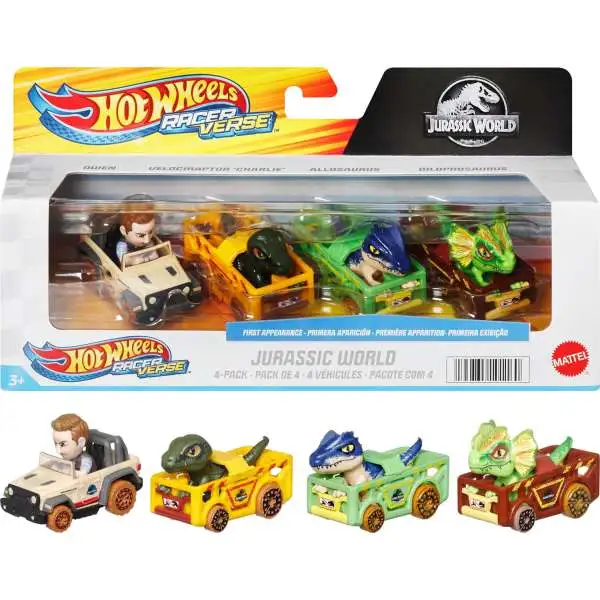 Hot Wheels RacerVerse Jurassic World Owen, Charlie, Allosaurus & Dilophosaurus Die Cast Car 4-Pack